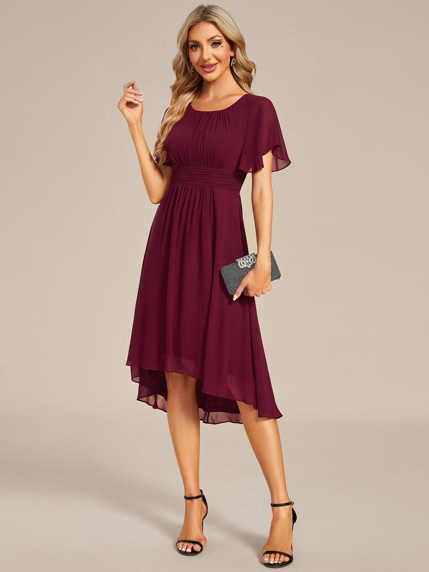 Robe d'invité de mariage trapèze en mousseline fluide à encolure ronde et longueur au genou #Couleur_Bordeaux