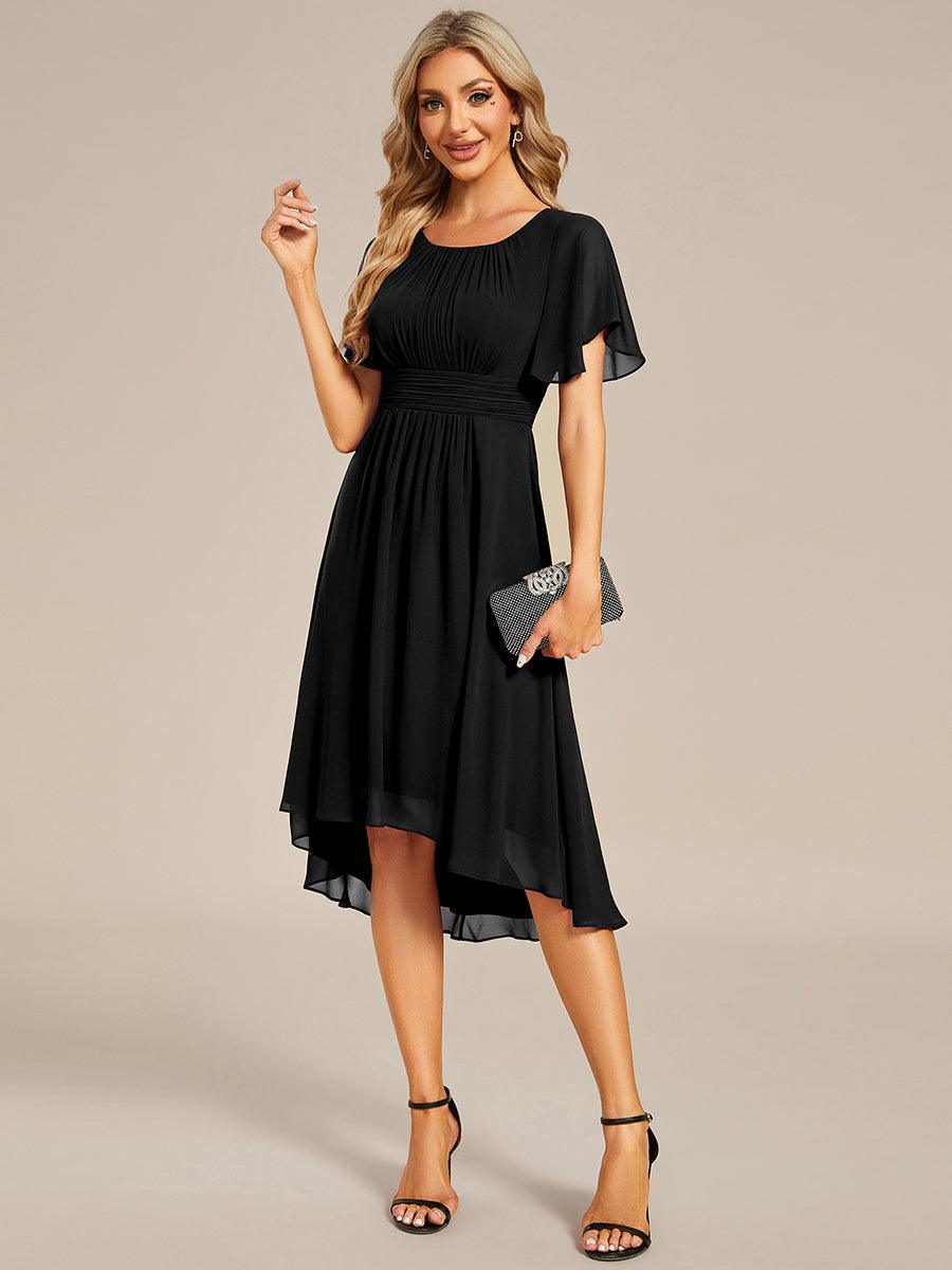 Robe d'invité de mariage trapèze en mousseline fluide à encolure ronde et longueur au genou #Couleur_Noir