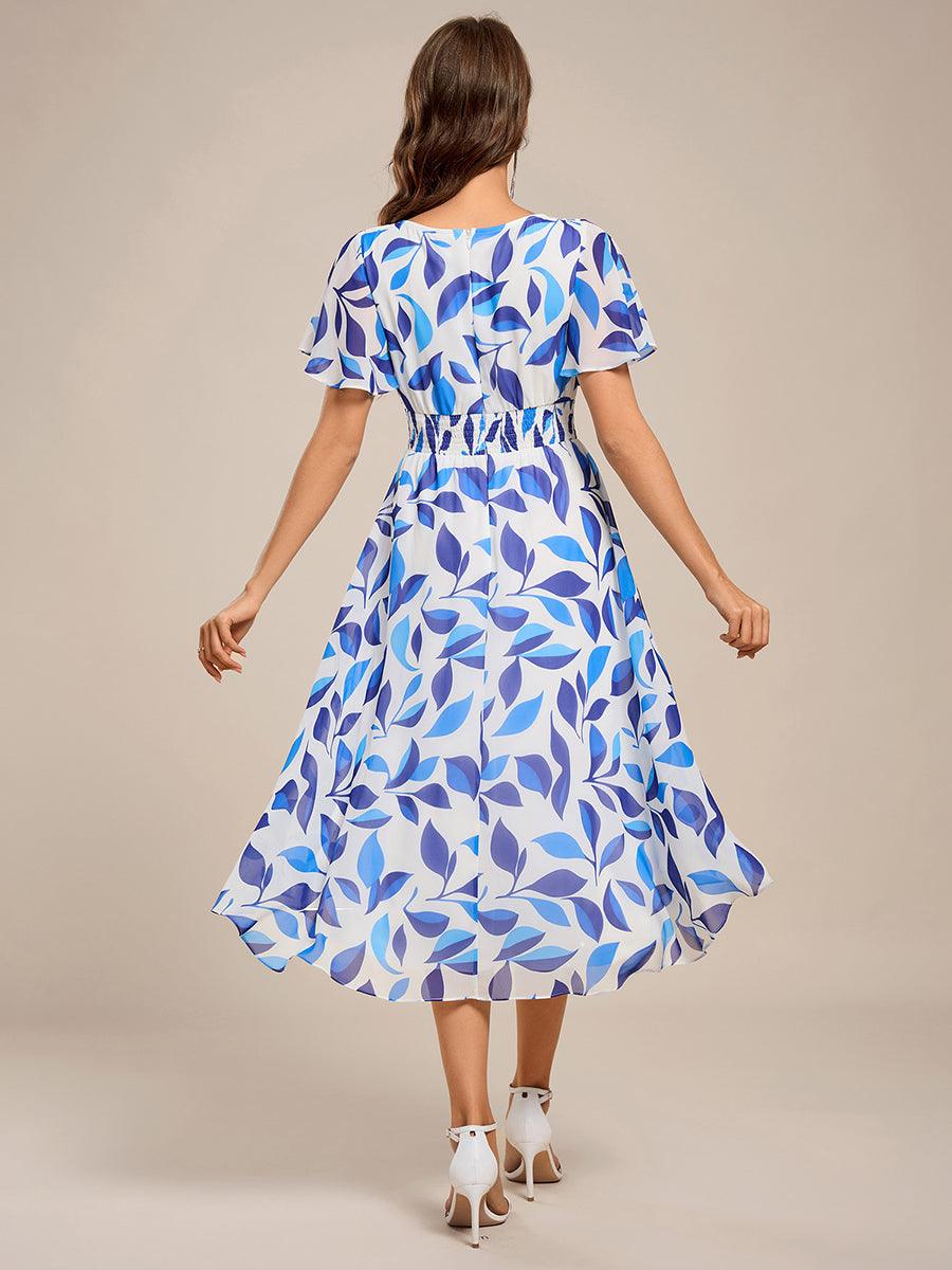 ever EDEN|Robe d'invité de mariage trapèze en mousseline fluide à encolure ronde et longueur au genou #Couleur_Floral Bleu