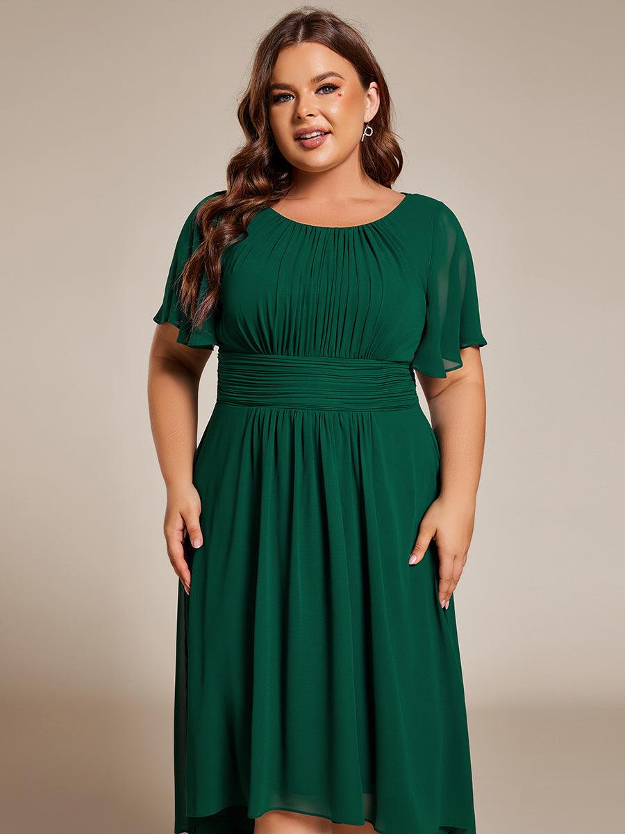 Robe d'invité de mariage trapèze en mousseline fluide à encolure ronde et longueur au genou #Couleur_Vert Fonce