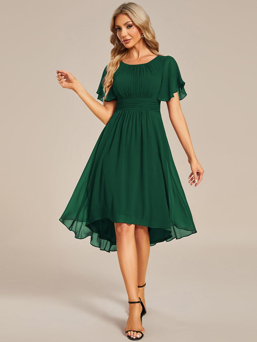 Robe d'invité de mariage trapèze en mousseline fluide à encolure ronde et longueur au genou #Couleur_Vert Fonce