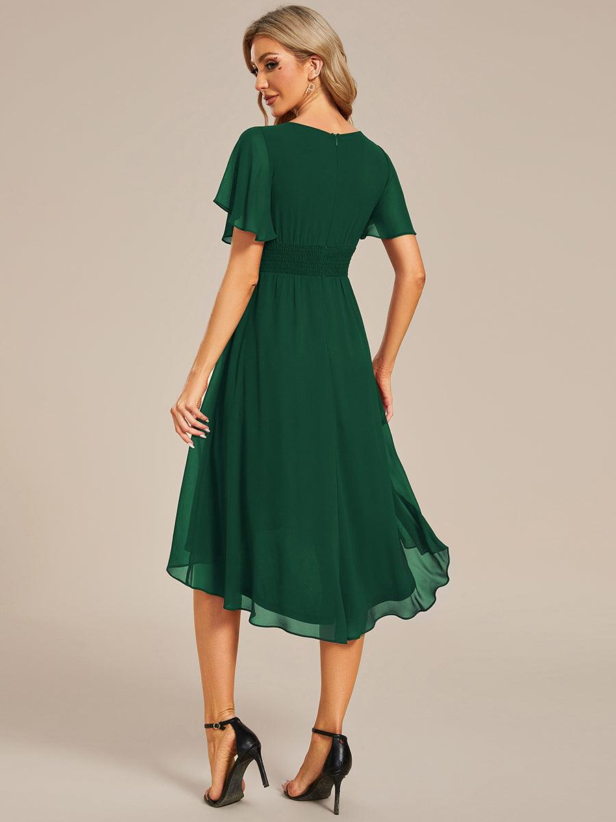 Robe d'invité de mariage trapèze en mousseline fluide à encolure ronde et longueur au genou #Couleur_Vert Fonce