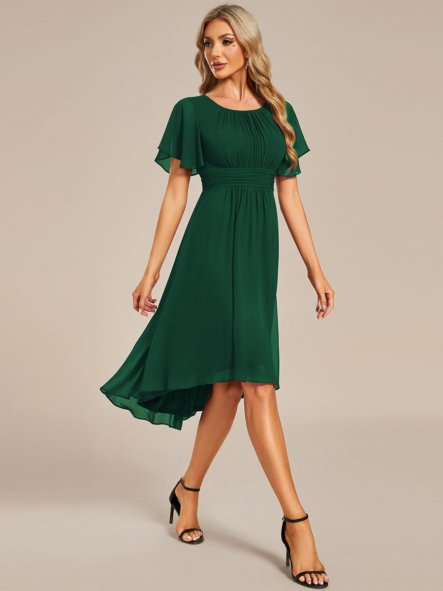 Robe d'invité de mariage trapèze en mousseline fluide à encolure ronde et longueur au genou #Couleur_Vert Fonce