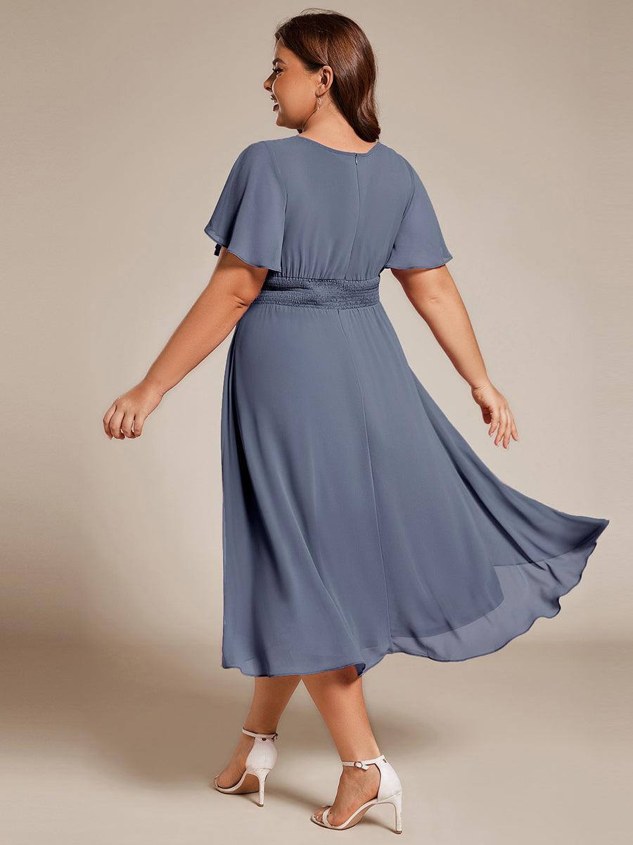 Robe d'invité de mariage trapèze en mousseline fluide à encolure ronde et longueur au genou #Couleur_Marine Fume