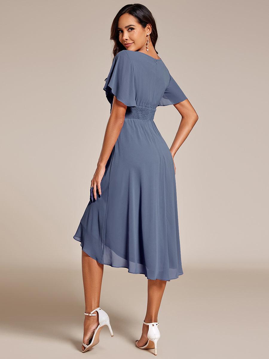 Robe d'invité de mariage trapèze en mousseline fluide à encolure ronde et longueur au genou #Couleur_Marine Fume