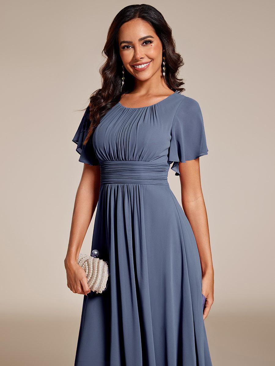 Robe d'invité de mariage trapèze en mousseline fluide à encolure ronde et longueur au genou #Couleur_Marine Fume