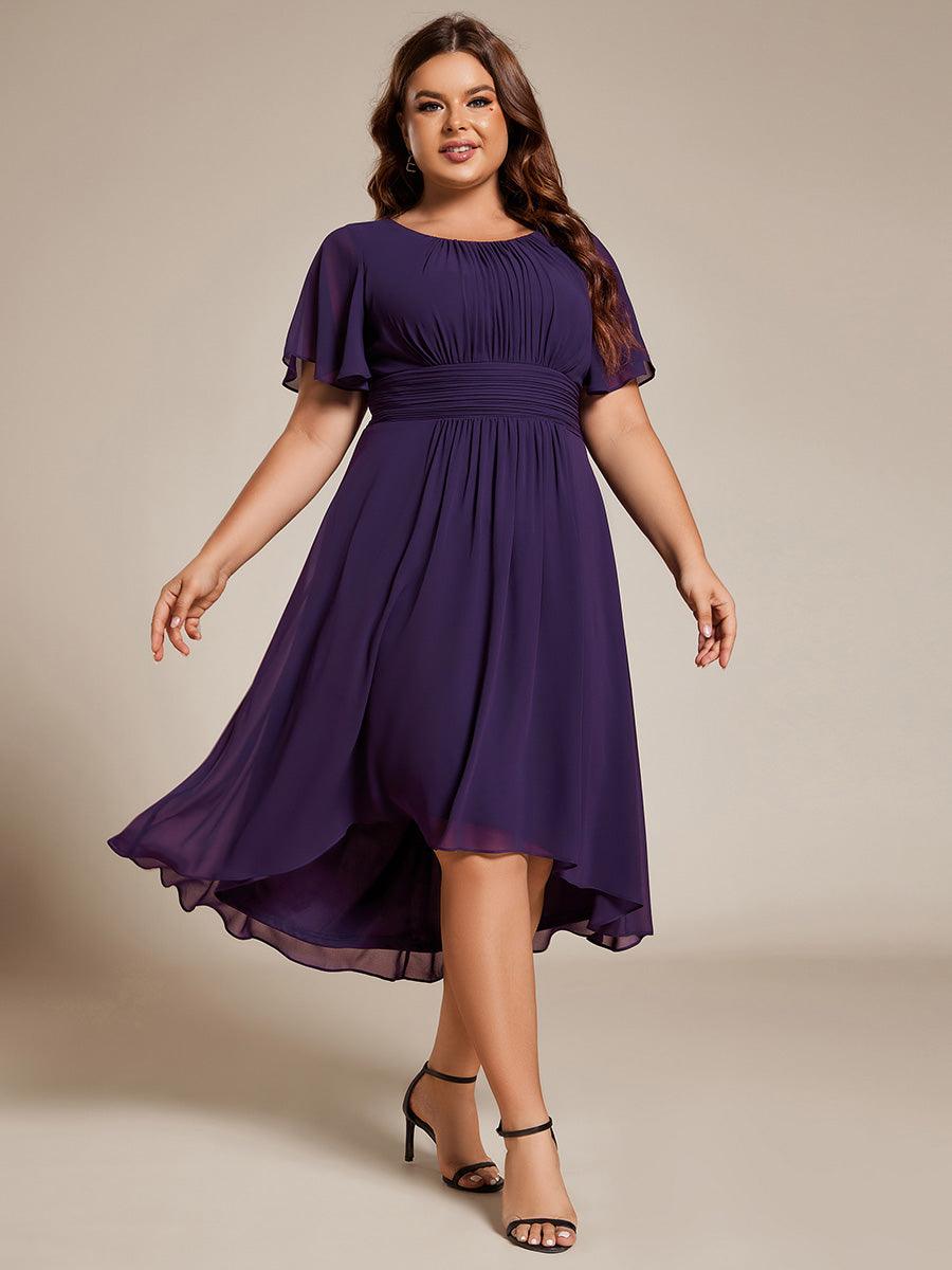 Robe d'invité de mariage trapèze en mousseline fluide à encolure ronde et longueur au genou #Couleur_Violet Fonce