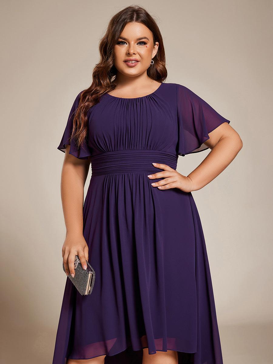 Robe d'invité de mariage trapèze en mousseline fluide à encolure ronde et longueur au genou #Couleur_Violet Fonce