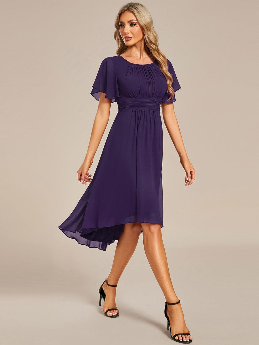 Robe d'invité de mariage trapèze en mousseline fluide à encolure ronde et longueur au genou #Couleur_Violet Fonce