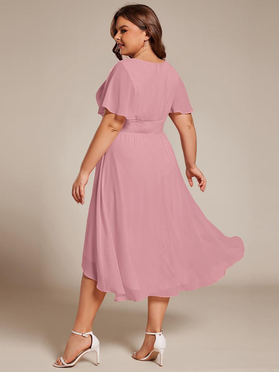Robe d'invité de mariage trapèze en mousseline fluide à encolure ronde et longueur au genou #Couleur_Rose fumee