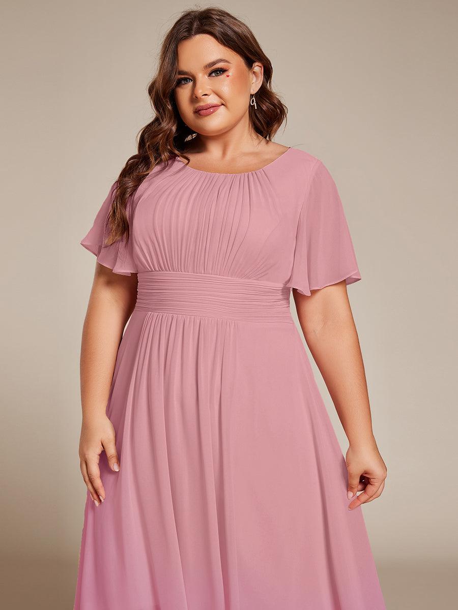 Robe d'invité de mariage trapèze en mousseline fluide à encolure ronde et longueur au genou #Couleur_Rose fumee