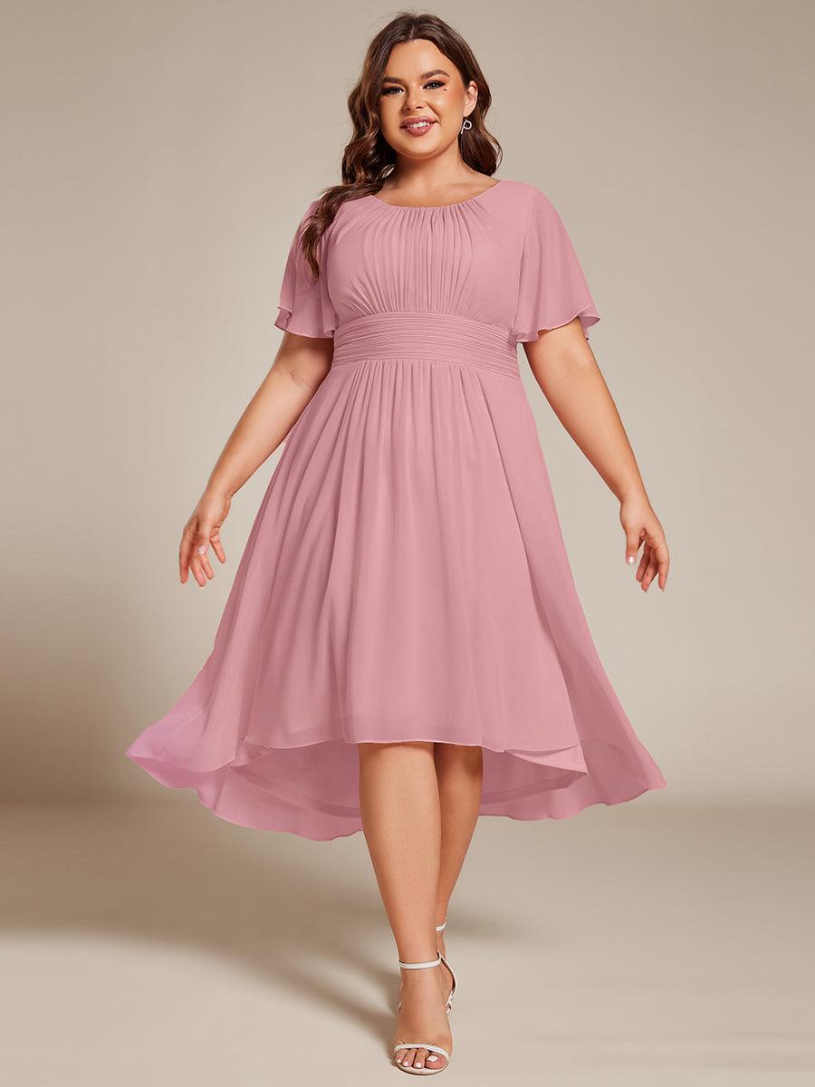Robe d'invité de mariage trapèze en mousseline fluide à encolure ronde et longueur au genou #Couleur_Rose fumee