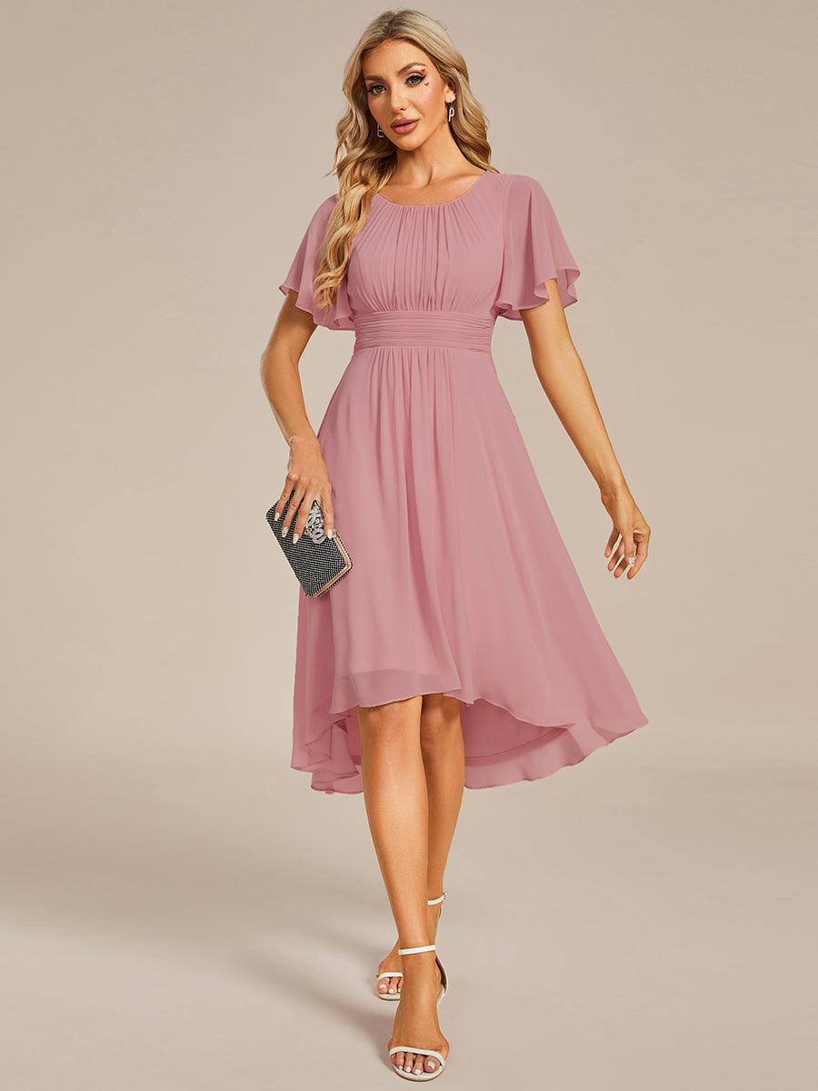 Robe d'invité de mariage trapèze en mousseline fluide à encolure ronde et longueur au genou #Couleur_Rose fumee
