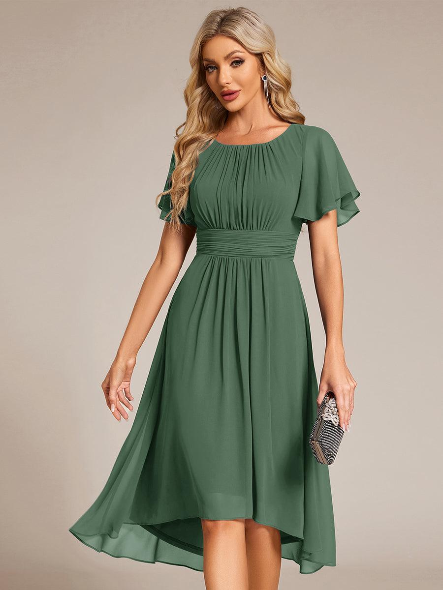 Robe d'invité de mariage trapèze en mousseline fluide à encolure ronde et longueur au genou #Couleur_Eucalyptus