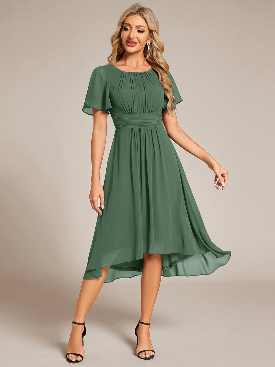 Robe d'invité de mariage trapèze en mousseline fluide à encolure ronde et longueur au genou #Couleur_Eucalyptus