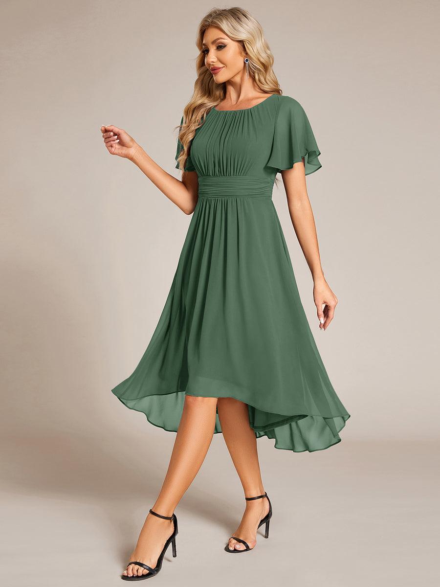 Robe d'invité de mariage trapèze en mousseline fluide à encolure ronde et longueur au genou #Couleur_Eucalyptus