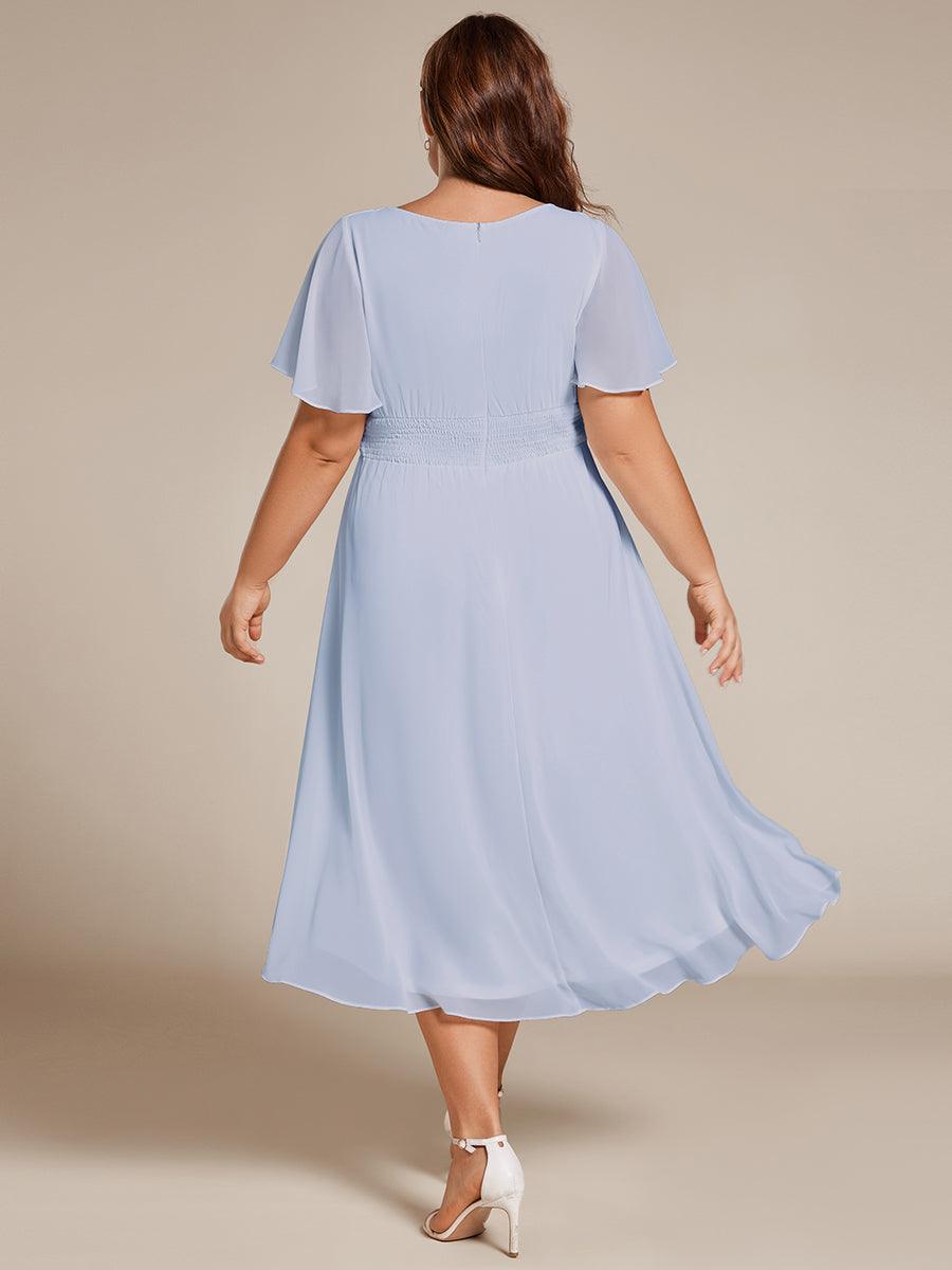 Robe d'invité de mariage trapèze en mousseline fluide à encolure ronde et longueur au genou #Couleur_Bleu Glace