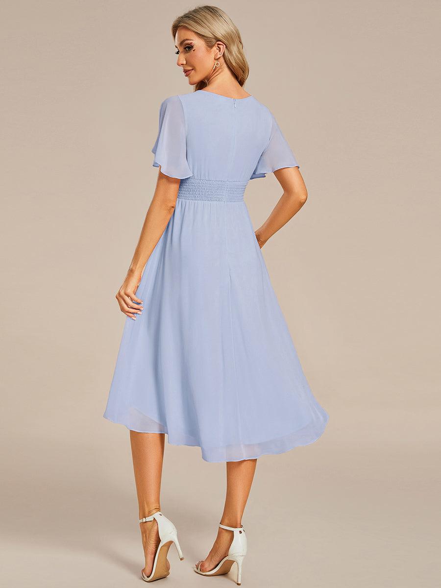 Robe d'invité de mariage trapèze en mousseline fluide à encolure ronde et longueur au genou #Couleur_Bleu Glace