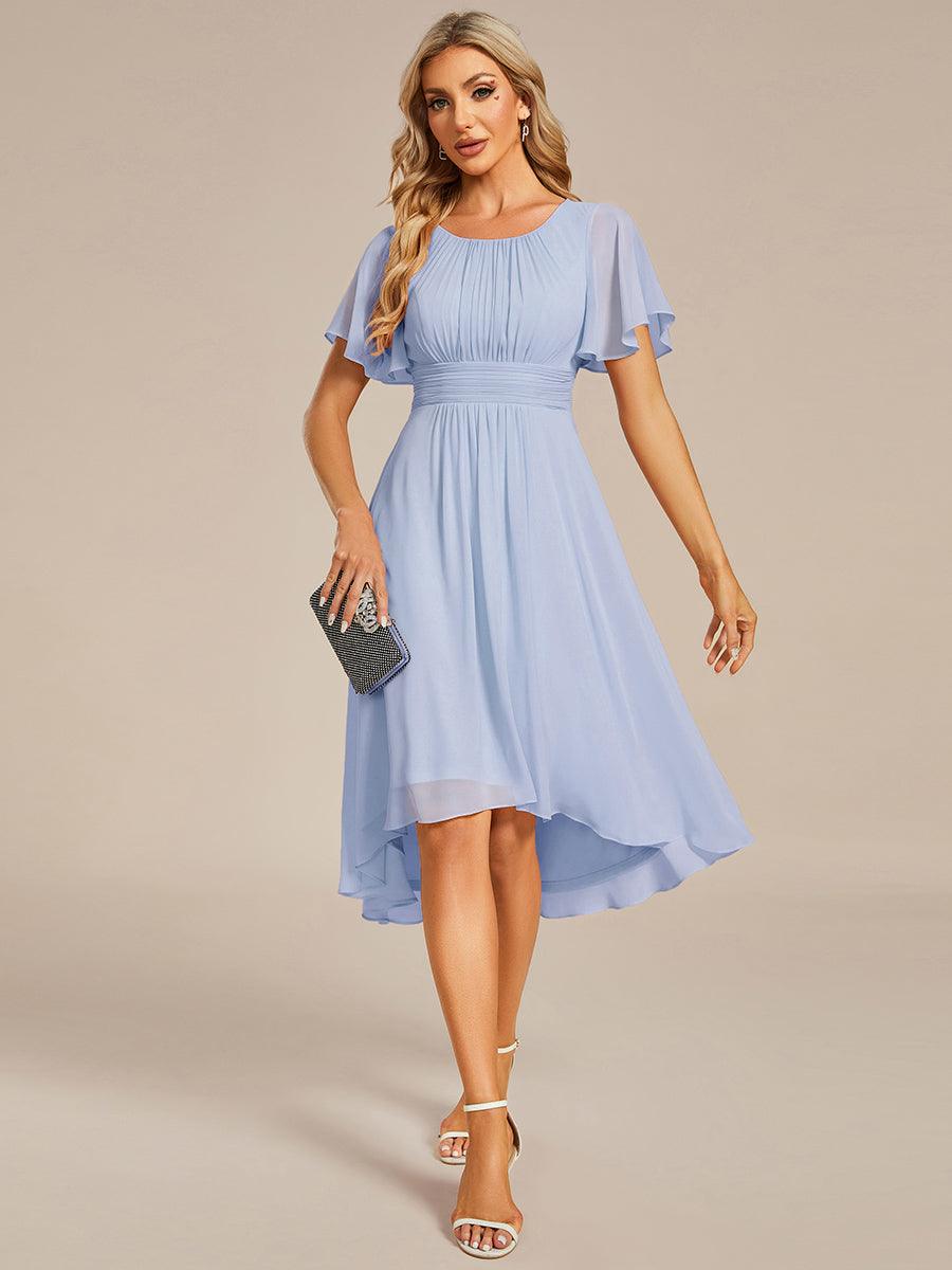 Robe d'invité de mariage trapèze en mousseline fluide à encolure ronde et longueur au genou #Couleur_Bleu Glace