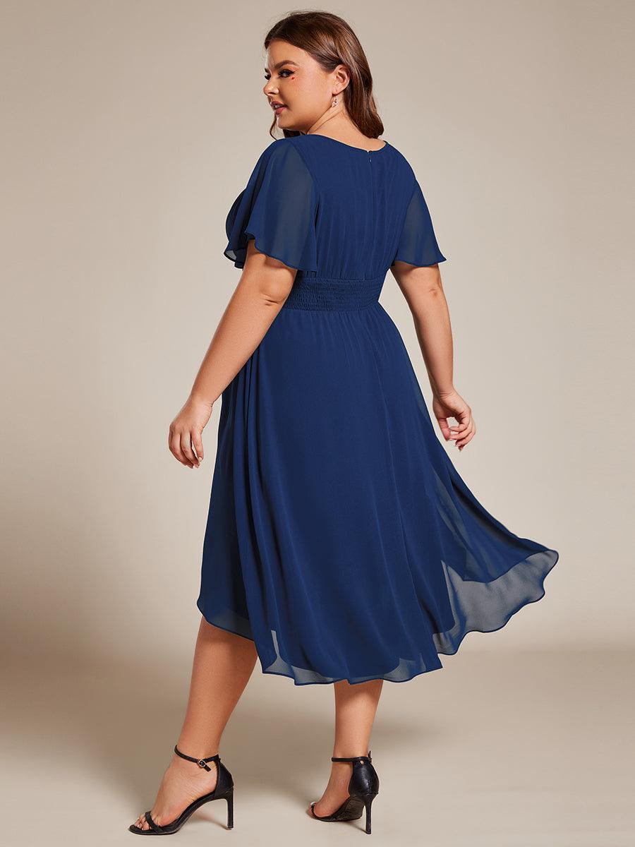 Robe d'invité de mariage trapèze en mousseline fluide à encolure ronde et longueur au genou #Couleur_Bleu Marine