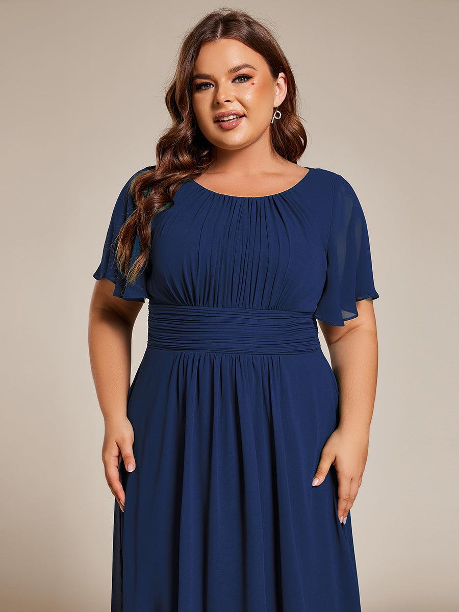 Robe d'invité de mariage trapèze en mousseline fluide à encolure ronde et longueur au genou #Couleur_Bleu Marine