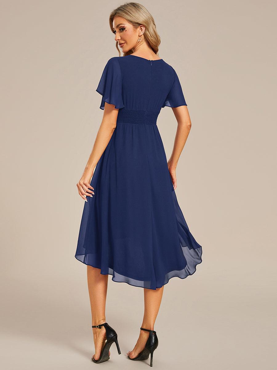 Robe d'invité de mariage trapèze en mousseline fluide à encolure ronde et longueur au genou #Couleur_Bleu Marine