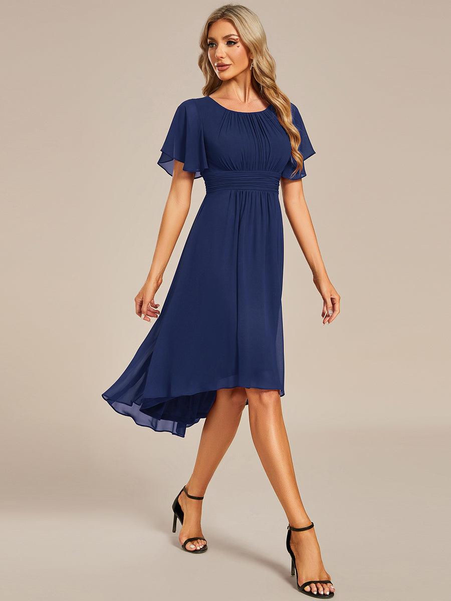 Robe d'invité de mariage trapèze en mousseline fluide à encolure ronde et longueur au genou #Couleur_Bleu Marine