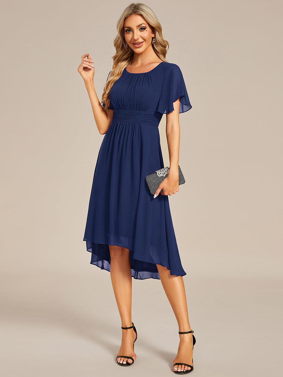 Robe d'invité de mariage trapèze en mousseline fluide à encolure ronde et longueur au genou #Couleur_Bleu Marine