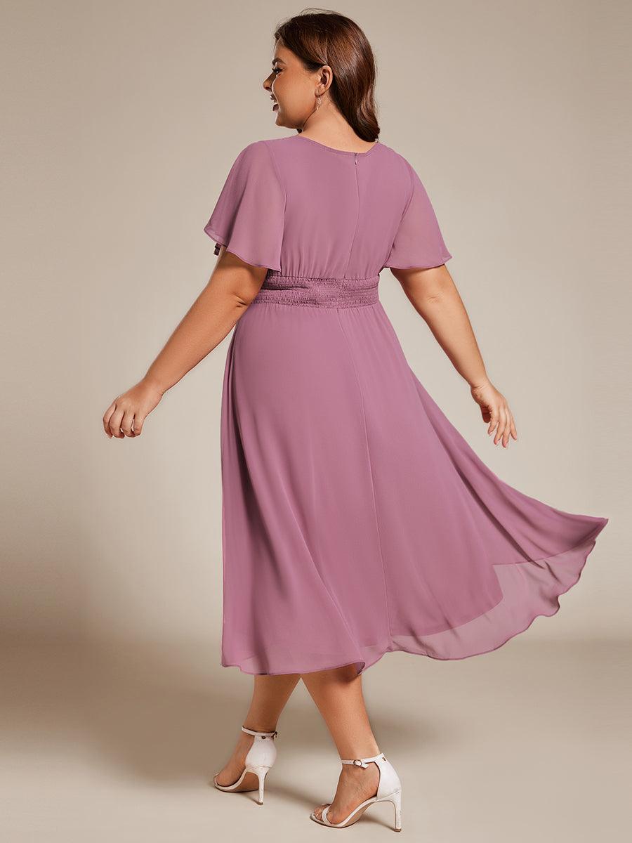 Robe d'invité de mariage trapèze en mousseline fluide à encolure ronde et longueur au genou #Couleur_Orchidee