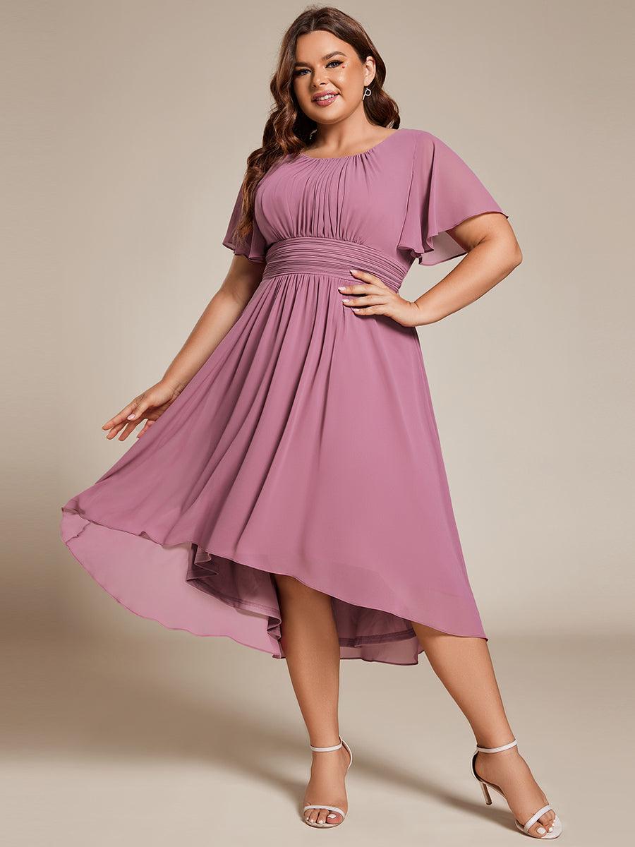 Robe d'invité de mariage trapèze en mousseline fluide à encolure ronde et longueur au genou #Couleur_Orchidee