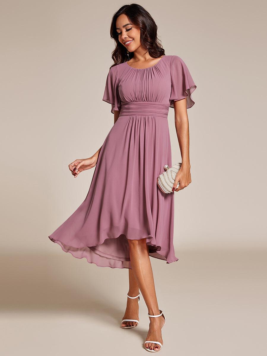 Robe d'invité de mariage trapèze en mousseline fluide à encolure ronde et longueur au genou #Couleur_Orchidee