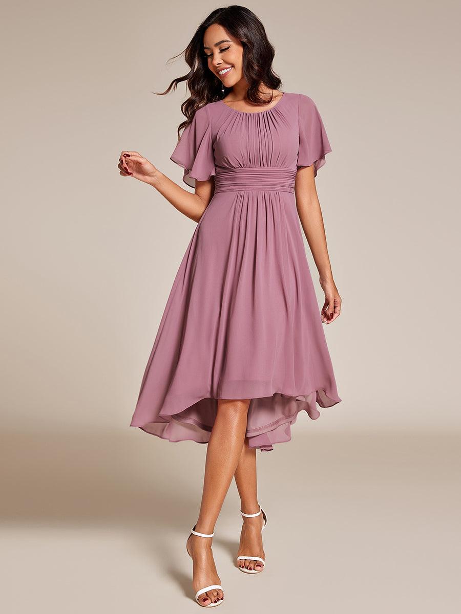 Robe d'invité de mariage trapèze en mousseline fluide à encolure ronde et longueur au genou #Couleur_Orchidee