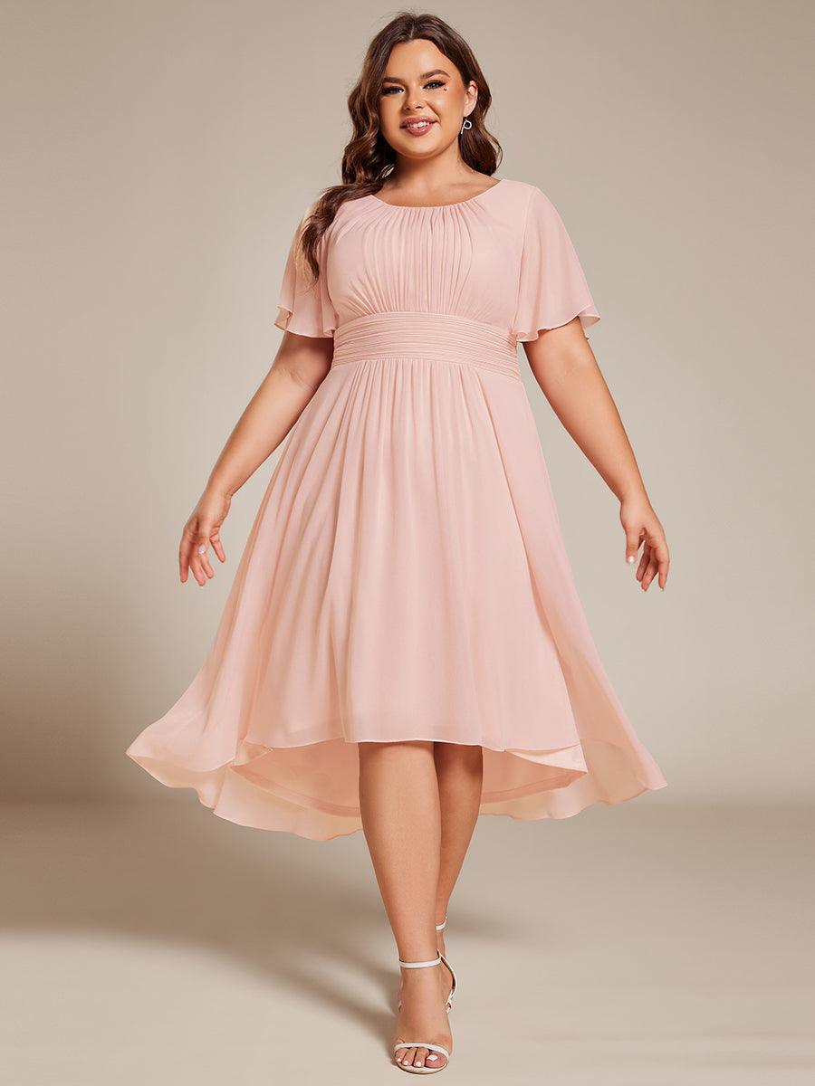 Robe d'invité de mariage trapèze en mousseline fluide à encolure ronde et longueur au genou #Couleur_Rose