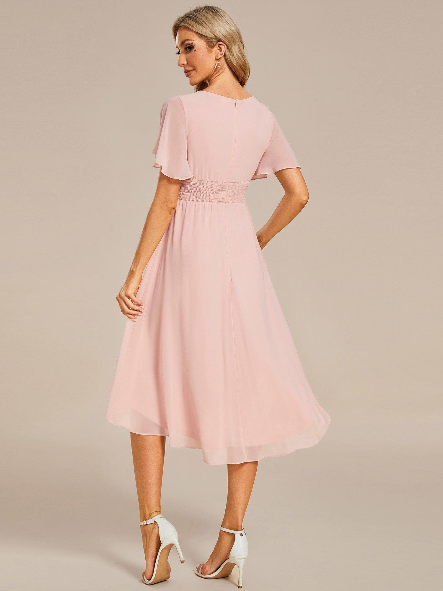 Robe d'invité de mariage trapèze en mousseline fluide à encolure ronde et longueur au genou #Couleur_Rose
