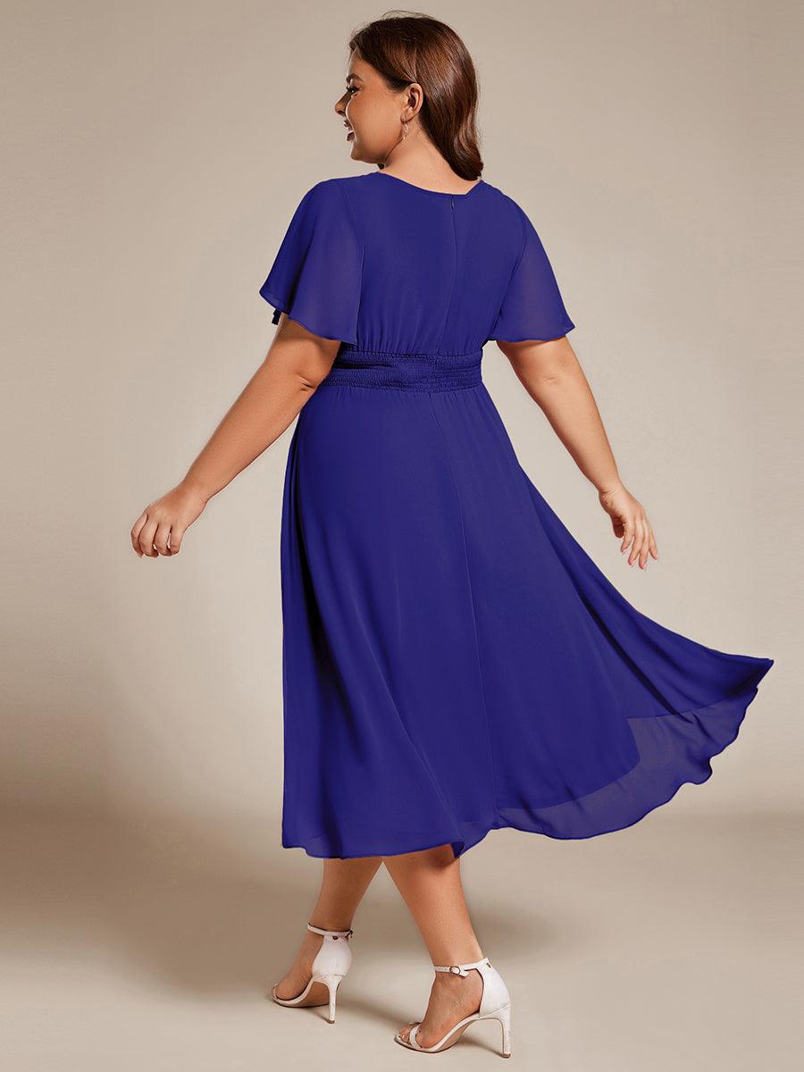Robe d'invité de mariage trapèze en mousseline fluide à encolure ronde et longueur au genou #Couleur_Bleu Saphir