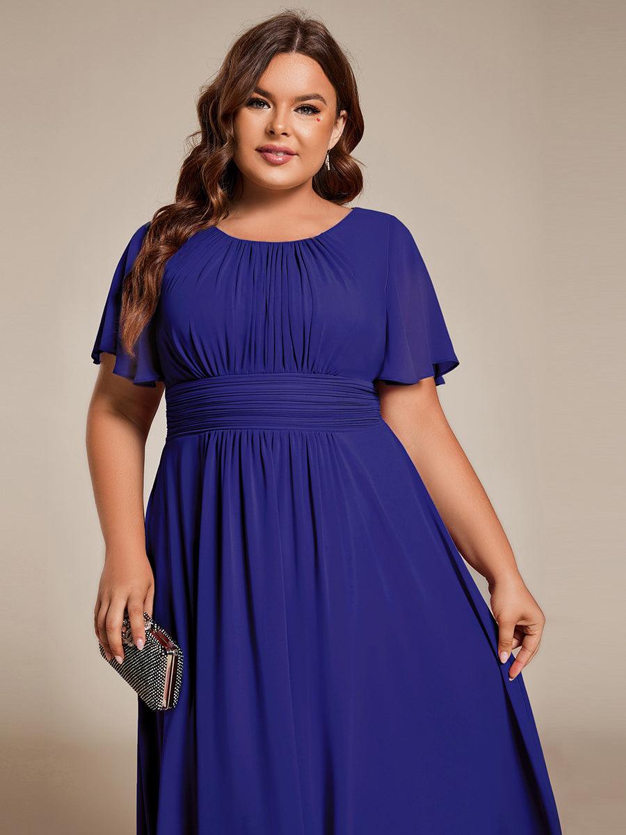 Robe d'invité de mariage trapèze en mousseline fluide à encolure ronde et longueur au genou #Couleur_Bleu Saphir