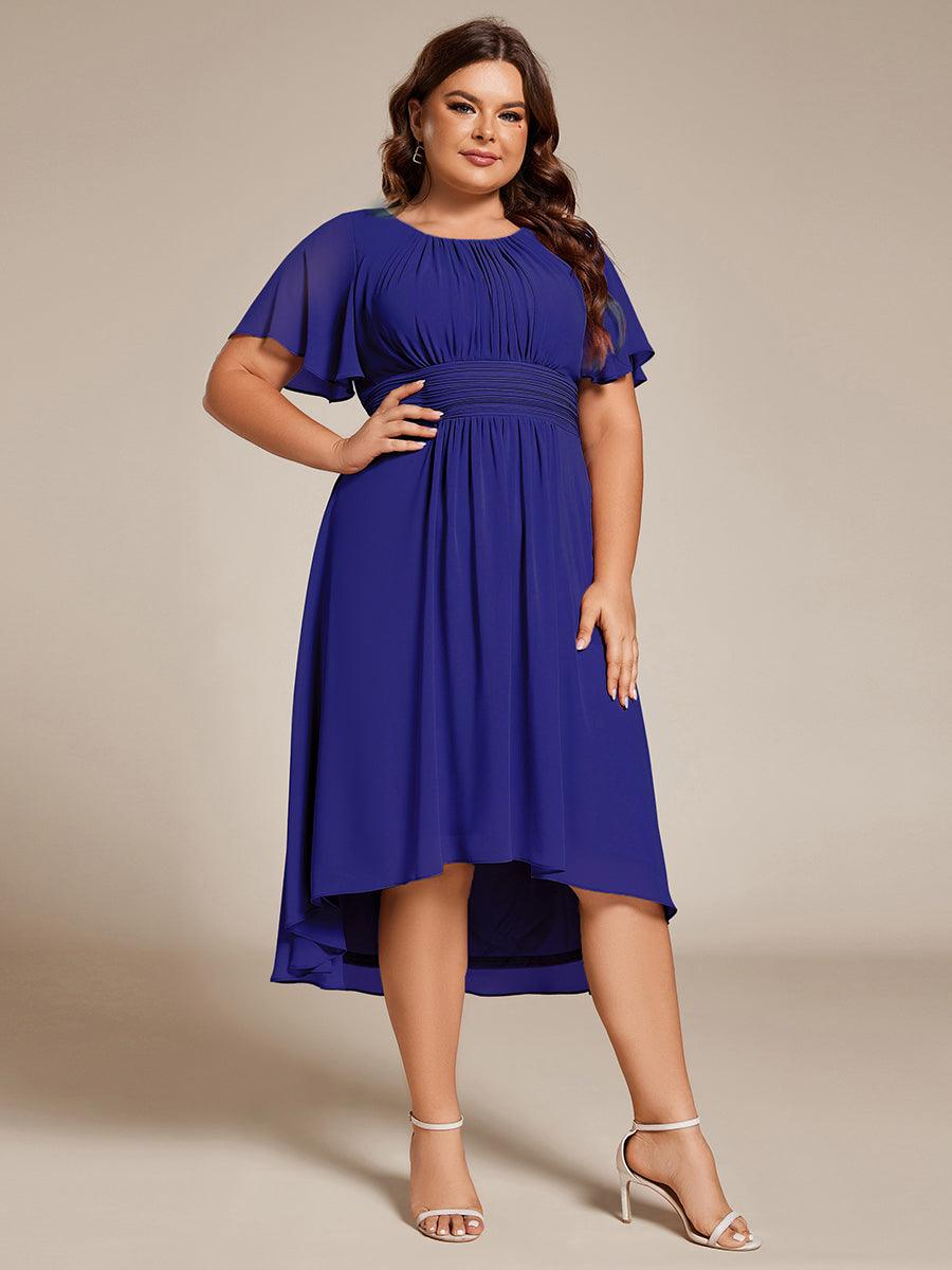 Robe d'invité de mariage trapèze en mousseline fluide à encolure ronde et longueur au genou #Couleur_Bleu Saphir