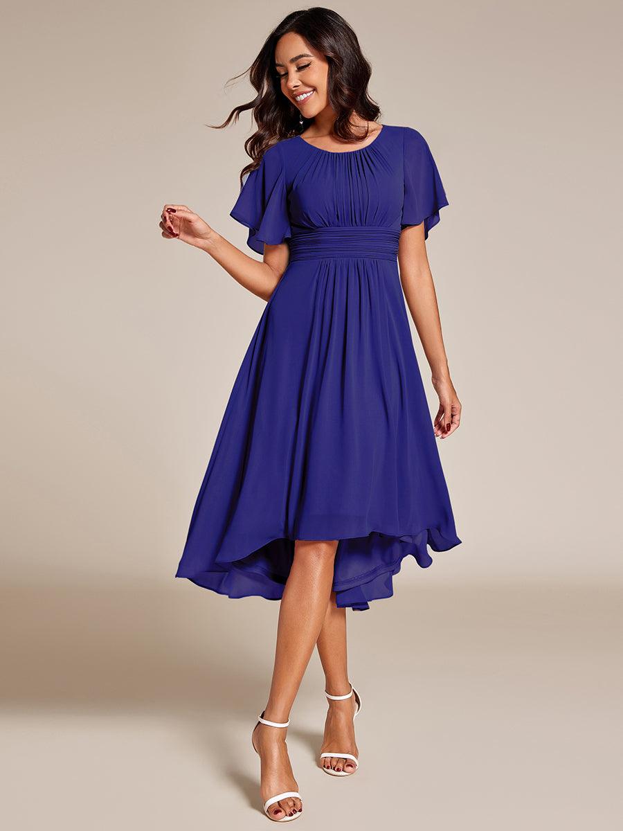 Robe d'invité de mariage trapèze en mousseline fluide à encolure ronde et longueur au genou #Couleur_Bleu Saphir