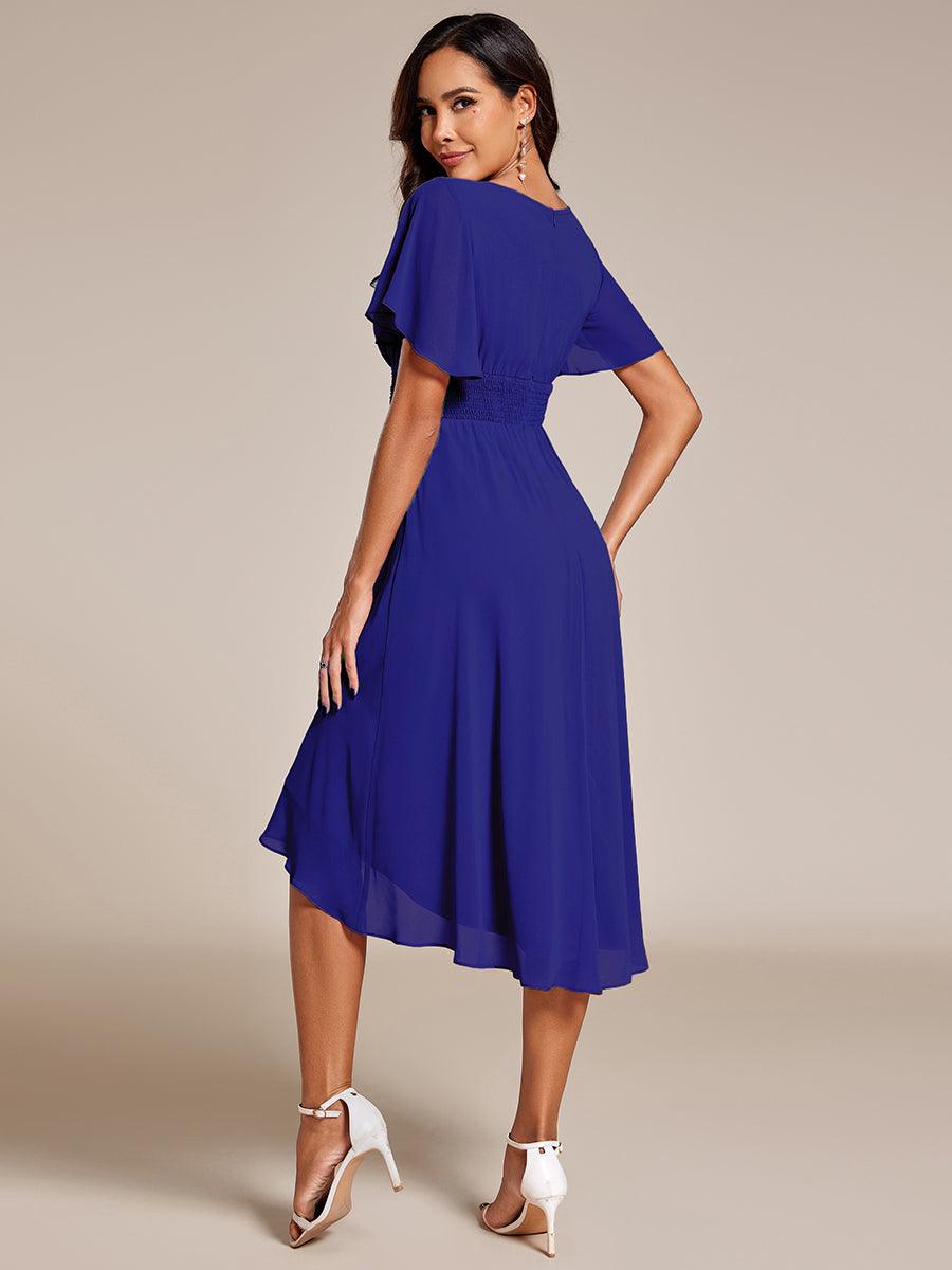 Robe d'invité de mariage trapèze en mousseline fluide à encolure ronde et longueur au genou #Couleur_Bleu Saphir