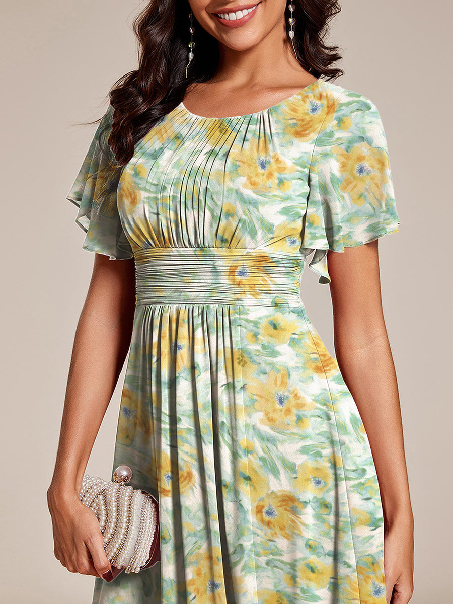 ever EDEN|Robe d'invité de mariage trapèze en mousseline fluide à encolure ronde et longueur au genou #Couleur_Fougère Ensoleillée