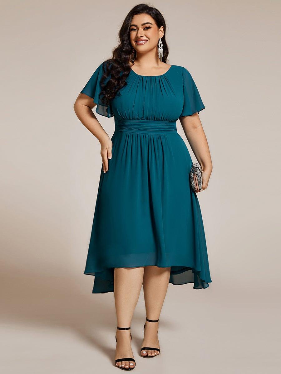 Robe d'invité de mariage trapèze en mousseline fluide à encolure ronde et longueur au genou #Couleur_Bleu Sarcelle