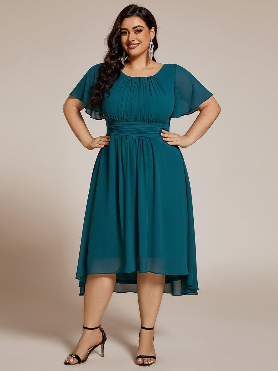 Robe d'invité de mariage trapèze en mousseline fluide à encolure ronde et longueur au genou #Couleur_Bleu Sarcelle