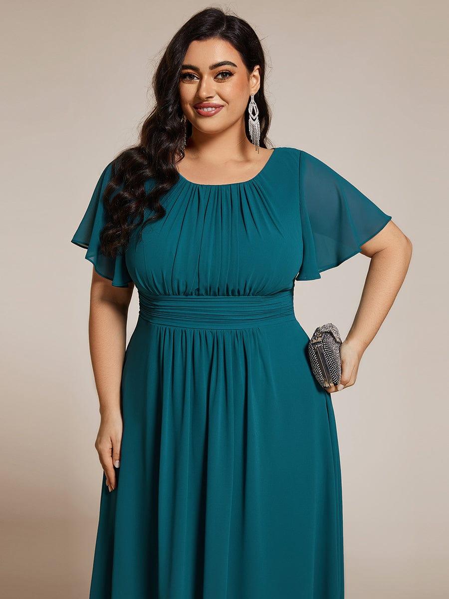 Robe d'invité de mariage trapèze en mousseline fluide à encolure ronde et longueur au genou #Couleur_Bleu Sarcelle