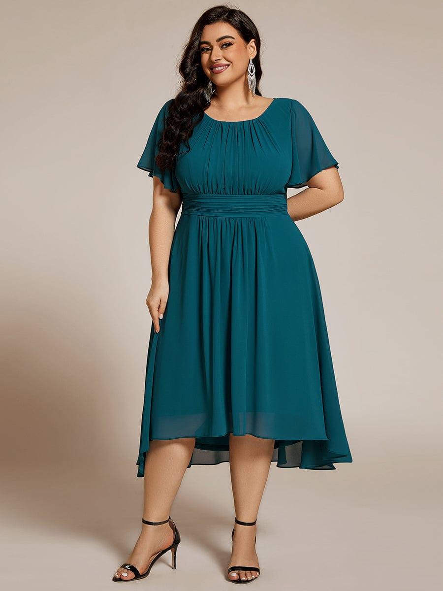 Robe d'invité de mariage trapèze en mousseline fluide à encolure ronde et longueur au genou #Couleur_Bleu Sarcelle