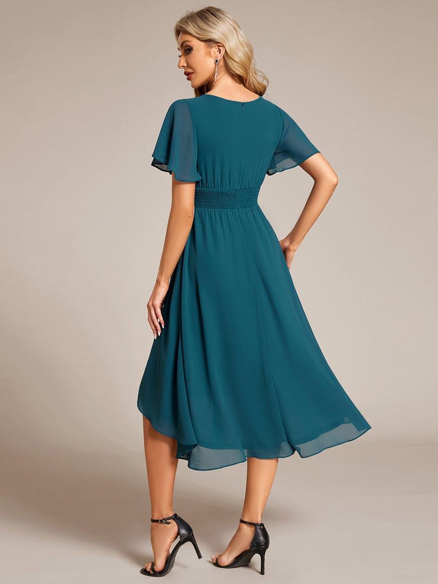 Robe d'invité de mariage trapèze en mousseline fluide à encolure ronde et longueur au genou #Couleur_Bleu Sarcelle
