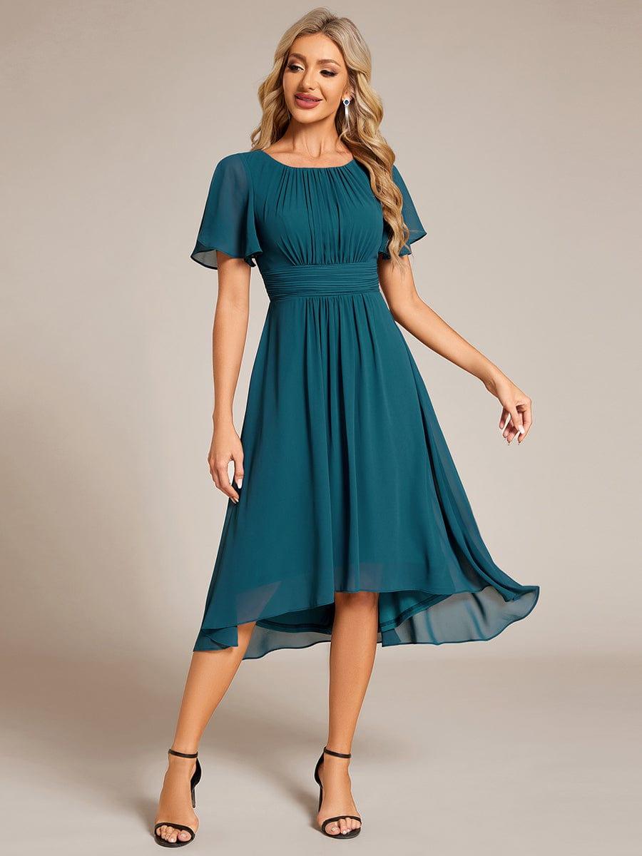 Robe d'invité de mariage trapèze en mousseline fluide à encolure ronde et longueur au genou #Couleur_Bleu Sarcelle