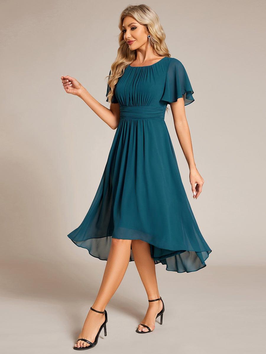 Robe d'invité de mariage trapèze en mousseline fluide à encolure ronde et longueur au genou #Couleur_Bleu Sarcelle