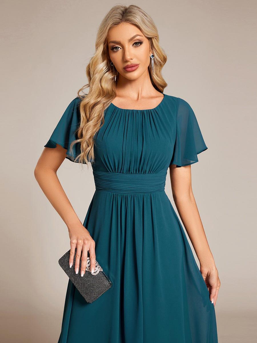 Robe d'invité de mariage trapèze en mousseline fluide à encolure ronde et longueur au genou #Couleur_Bleu Sarcelle