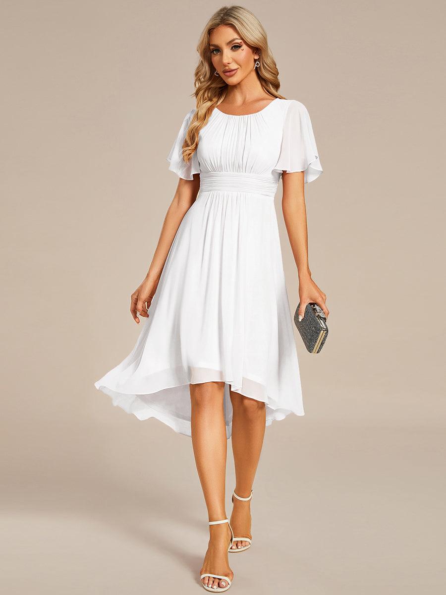 Robe d'invité de mariage trapèze en mousseline fluide à encolure ronde et longueur au genou #Couleur_Blanc