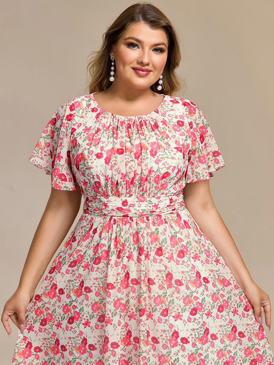 Robe d'invité de mariage trapèze en mousseline fluide à encolure ronde et longueur au genou #Couleur_Blanc Rouge